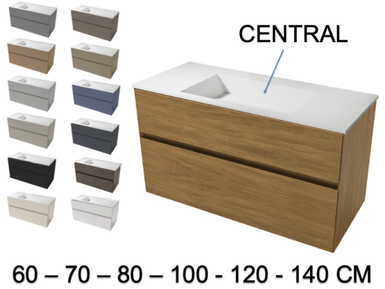 Meuble avec vasque Solid-Surface, finition bois ou couleurs, deux tiroirs à onglet, L.60, 70, 80, 100, 120 et 140 cm, P. 45 cm, Hauteur 55 cm, Stock disponible, LIVRAISON OFFERTE